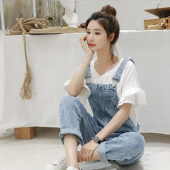 Voguable Washed Denim Jumpsuit Women Casual High Waist Blue Wide Leg Pants Female 2024 Spring Korean Loose Pockets Jean Overalls voguable