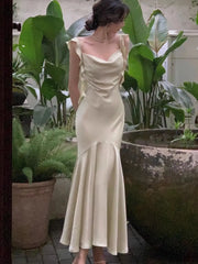 New Summer French Fashion Women Spaghetti Strap Elegant Long Mermaid Ruffles Dresses Evening Party Prom Clothes voguable