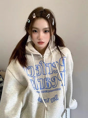 Voguable American Vintage Hip Hop Graphic Simple Gray Hoodies Jackets Autumn Winter Zip Up Sweatshirt Men Women Loose Oversized Harajuku voguable