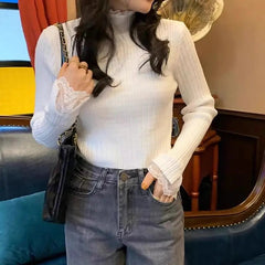 Autumn Winter New Sweaters Women Solid Mock Neck Lace Temperament Fashion Long Sleeve Slim Pullovers Bottoming Shirt Knit Tops voguable