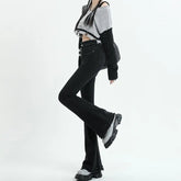 Voguable Korean Fashion Autumn Winter Flare Jeans Women Black Pockets Zipper High Waist Elastic Streetwear Casual Slim Straight Trousers voguable