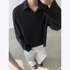 Autumn Long Sleeved T-shirt Men Fashion Beige Lapel T Shirt Men Streetwear Korean Loose Pullover Sweatshirt Mens Polo Shirt voguable