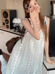 Voguable Sweet Boho Dress Women Summer Holiday Lace Floral Dresses Casual Vintage Spaghetti Strap Sleeveless Sundress voguable