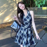 Voguable Women Plaid Mini Dress Fashion Summer Casual Temperament Lady Chic Dress Halter Lace Up Slim A Line Sleeveless Female New Dress voguable