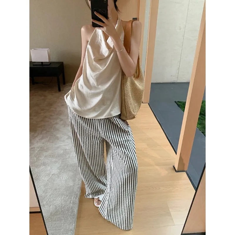 Voguable 2024 Summer New Streetwear Contrast Color Striped Loose Casual Wide Leg Pants Women + Backless Sexy Camisole Two-piece Suit voguable