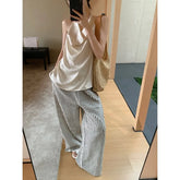 Voguable 2024 Summer New Streetwear Contrast Color Striped Loose Casual Wide Leg Pants Women + Backless Sexy Camisole Two-piece Suit voguable