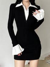 Black Flare Sleeve Slim Turn-Down Dress mysite