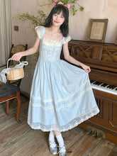 Elegant Blue Long Dress Women Sweet Lace Patchwork Vintage Dress High Quality Casual Flying Sleeve Bow Lady Retro Vestidos voguable