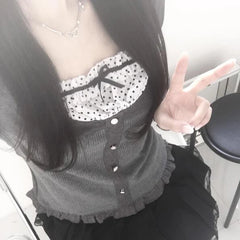 Voguable  Y2K Polka Dot Print Contrast Patchwork Knitted Tops Grey Autumn Spring Cute Bow T-shirts Slim-fit Long Sleeve Knitwear voguable