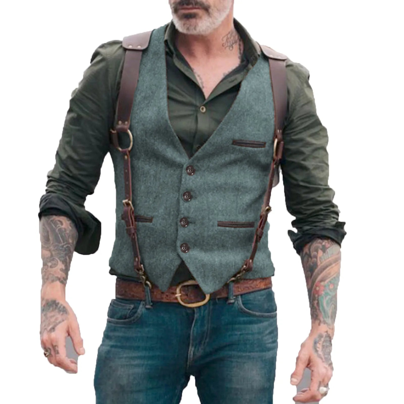 Men's Vests Men Brown Waistcoat Vest Man Steampunk Jacket Striped Tweed V-neck Slim Fit Gilet Wedding Clothing voguable
