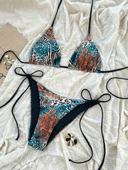 Voguable Fashion Sexy Leopard Laced Up Bikini Women Split Swimsuit Beach Vacation Bikini All Season Backless Bikini 2 Piece Set voguable