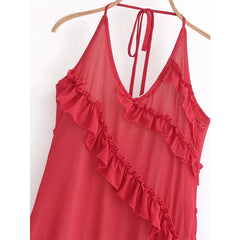 YENKYE Sexy Backless Halter Red Sling Ruffle Dress Women Summer A-line Elegant Long Dresses Holiday Party Maxi Vestidos voguable