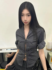 HOUZHOU Vintage Sexy Coquette Blouses Women Korean Style Punk Streetwear Striped Print Bandage Hollow Out Slim Shirts 2024 Y2k voguable