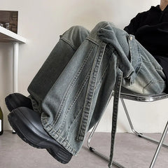 Baggy Casual Denim cargo Pant man Mopping Trousers Yellow Mud Ribbons Multi-pockets Drawstring Jeans for Men Harajuku Streetwear