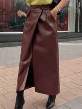Voguable Sexy Split PU Faux Leather Midi Skirts Womens Autumn Winter Fashion Asymmetrical High Waist Retro Office Skirt with Pockets voguable