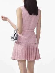 Women's Tweed Sequins Spliced 2 Pcs Set Lapel Lace-up Sleeveless Belt Coat Pleated Mini Skirts Set 2025 New Tide voguable