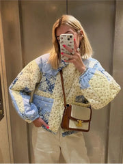 Women Green Flower Printed Quilted Warm Coat Autumn Oversized Long Sleeve Cotton Jacket Winter Casual Fashion Streetwear voguable