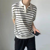 Summer Men's Clothing Light Luxury V Neck Knit Polo Shirt Korean Striped Short Sleeve Retro Fashion Leisure Slim Knitwear voguable