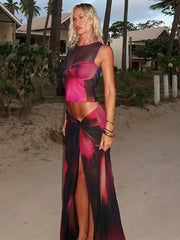 Mozision Mesh Print Sexy Skirt Sets Women O Neck Sleeveless Crop Tops And Split Skirt Ladies Sexy Club Party 2 Piece Sets voguable