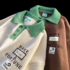 Voguable Ins High Street Cute Embroidery Buttons POLO Shirt Sweaters for Men Baggy Oversized Pullover Harajuku Streetwear Winter Clothes voguable