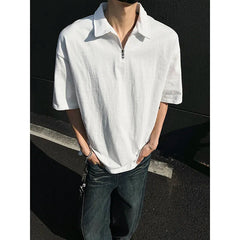 Mens tshirt Loose Fit Half Zip Polo Collar Solid Color Summer T Shirt New Casual Sports Comfortable Daily Basic Top voguable