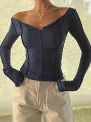 Women Autumn T-shirt Long Sleeve Boat Neck Spliced Slim Fit Shirts Solid Color Korean Fashion Kawaii Y2K Crop Tops Streetwear