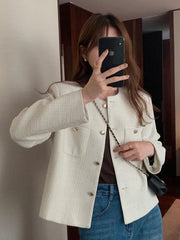 Elegant Chic Tweed Jacket Women O Neck Slim Long Sleeve Fashion Short Coats Casual French Sweet Small Fragrance Outwear Lady New voguable