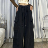 Voguable Retro Streetwear Cargo Pants Women Fall Loose Casual American Vintage Wide Leg Trouser High Waist Solid Lace Up Hotsweet Pants voguable