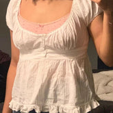 Coquette Top y2k Women Fairycore Clothes Solid Color/Plaid Print V Neck Short Sleeve Tshirt Sweet Aesthetic Clothing voguable