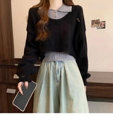 Voguable Pullover Pull Femme Preppy Style Fake Two CropTops Sweaters Korean Fashion Ropa Knitted Jumper Oversized Sweater Sueter Muier voguable