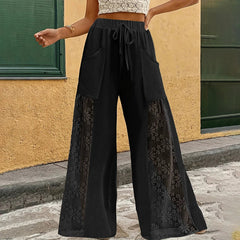 Voguable Summer Lace Patchwork High Waist Drawstring Pockets Loose Fit Wide-leg Pants Casual Beach Vacation Comfortable Trousers Clubwear voguable