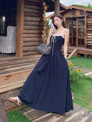 Lace Patchwork Bandage Dress for Women Y2K Summer Elegant Slim Navy Midi Dress Sweet Preppy Sleeveless A Line Vestidos Mujer New voguable