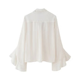 Elegant Ruffle White Shirt Women Lace Up Collar Butterfly Sleeve Casual Office Shirts Spring Summer Blouse Blusas Mujer voguable