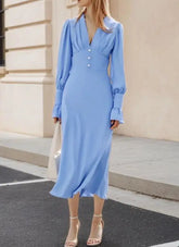 Voguable Autumn New Women's Fashion Deep V-neck Twisted Buckle Decorative Waist Strap Lantern Sleeve Elegant A-line Dress voguable