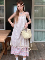 Voguable Sweet Boho Dress Women Summer Holiday Lace Floral Dresses Casual Vintage Spaghetti Strap Sleeveless Sundress voguable