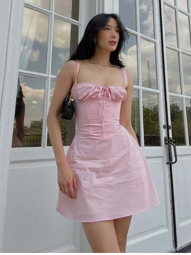 Voguable New Fashion Women Back Lacing Up Bandage Pink Slim Sling Mini Dress Party Summer Cotton Robe voguable