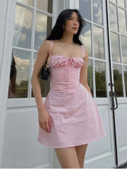 Voguable New Fashion Women Back Lacing Up Bandage Pink Slim Sling Mini Dress Party Summer Cotton Robe voguable