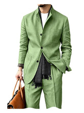 Voguable Men's Linen Blend 2 Piece Suit Set Stand Collar Three Button Breathable Casual Blazer Pants For Business Daily Wear Summer voguable