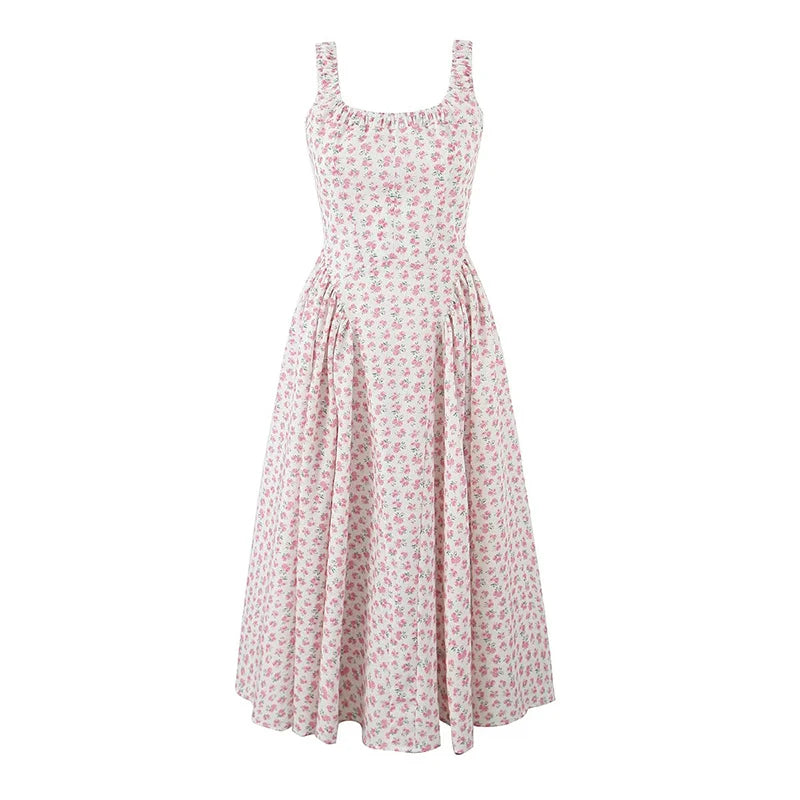 Elegant Women Floral Print Sling Midi Summer Dress Sexy Low Waist O Neck Female Holiday Party Robe