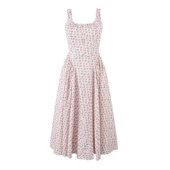 Elegant Women Floral Print Sling Midi Summer Dress Sexy Low Waist O Neck Female Holiday Party Robe