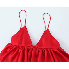 Women Puffy Hem Red Satin Camis Sexy Spaghetti Straps V Neck Summer Tops Chic Party Streetwear Crop Top voguable