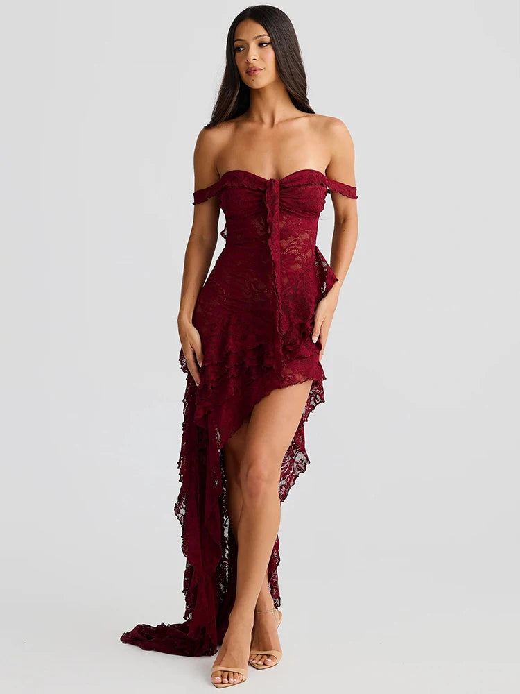 Lace Ruffle Sexy Maxi Dress Women Fashion Summer Off-shoulder Strapless Sleeveless Backless Beach Holiday Club Dress voguable