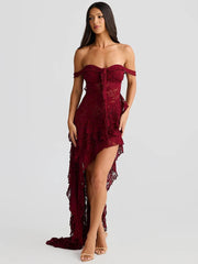 Lace Ruffle Sexy Maxi Dress Women Fashion Summer Off-shoulder Strapless Sleeveless Backless Beach Holiday Club Dress voguable