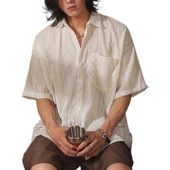Men Casual Loose Hollow Out Short Sleeve Shirts with pockets Retro Fashion Vacation/Daily All-Match Tops Solid Color voguable