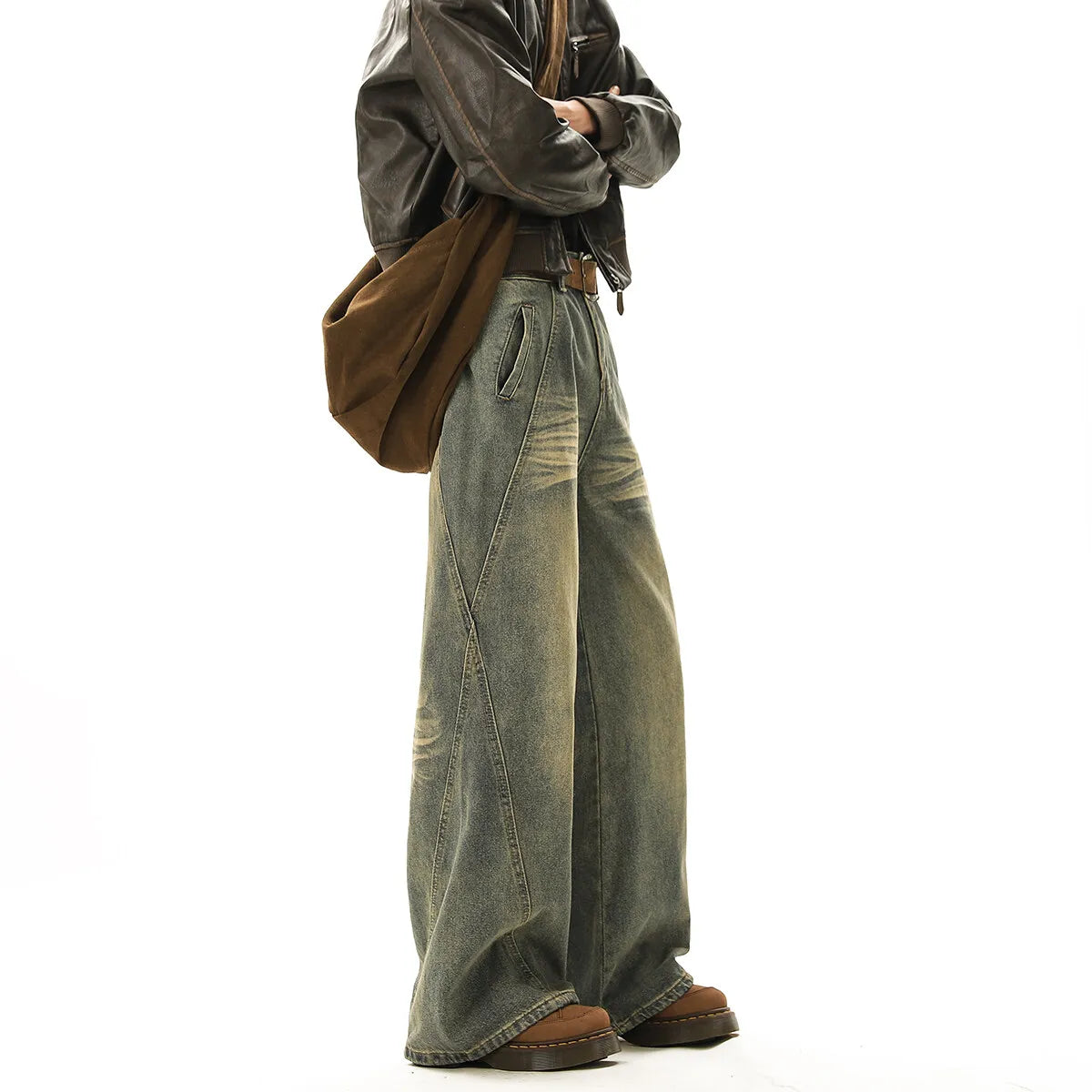 Vintage Blue Men's Distressed Denim Pants Wide Leg Trousers Jeans Straight Loose Mopping Pants Streetwear Male Casual Fashion