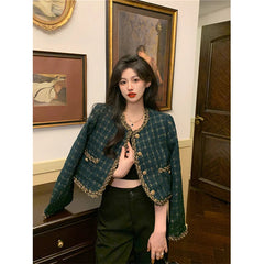 Vintage Cropped Tweed Jacket Women Elegant Blazer Korean Single Breasted Short Coats Autumn Winter Chic Suit Outerwear New voguable