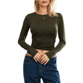 y2k Crop Tops Women Spring Autumn Solid Color Round Neck Long Sleeve Tshirt 2000s Tees Casual Clothing Streetwear voguable