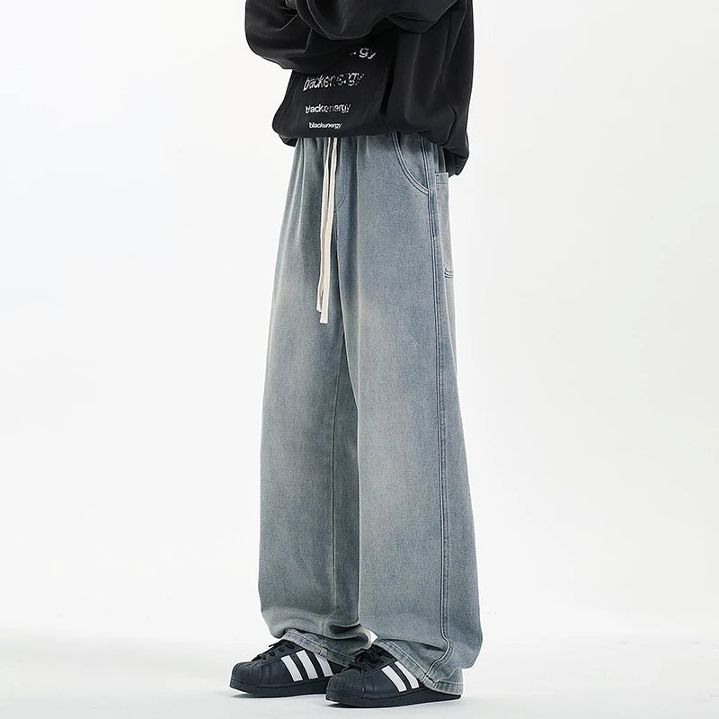 New Men's Jeans Washed Jeans Pants Unisex Drawstring Denim Pants Male Streetwear Korean Straight cylinder loose Cowboy Trousers voguable