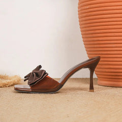 Voguable Summer PVC Transparent Butterfly-knot Square Toe Slippers Women Fashion Thin Heels Party Slide Shoes voguable