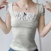 Voguable Y2K Contrast Lace Patchwork Knitted Top Women Cute Casual Basic Short Sleeve T-shirts Summer Coquette Square Collar Tee voguable